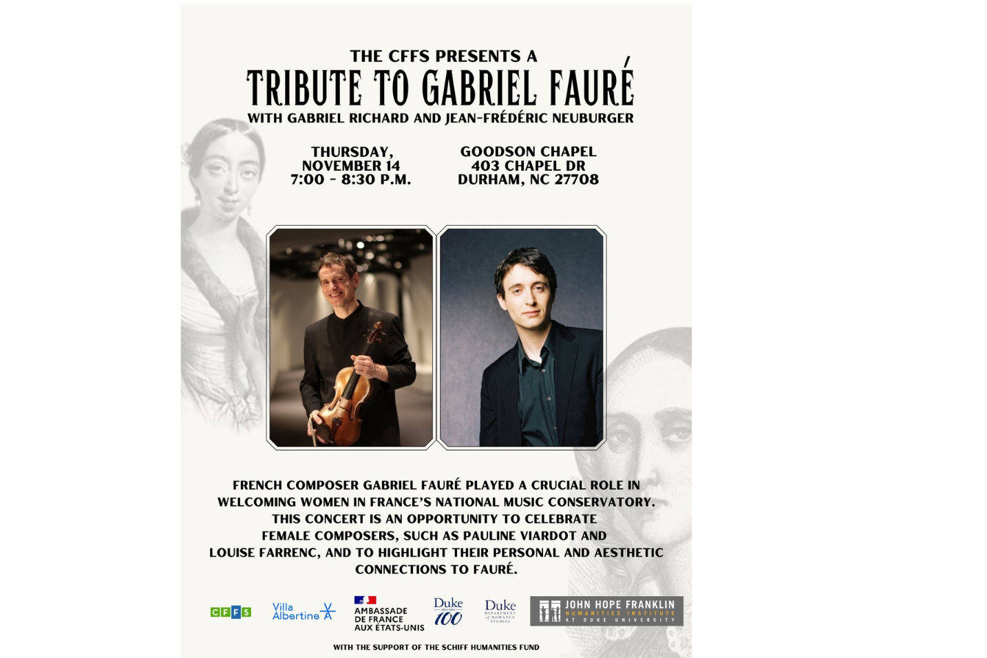 two musicoans on flyer announcing Tribute to Gabriel Faure event